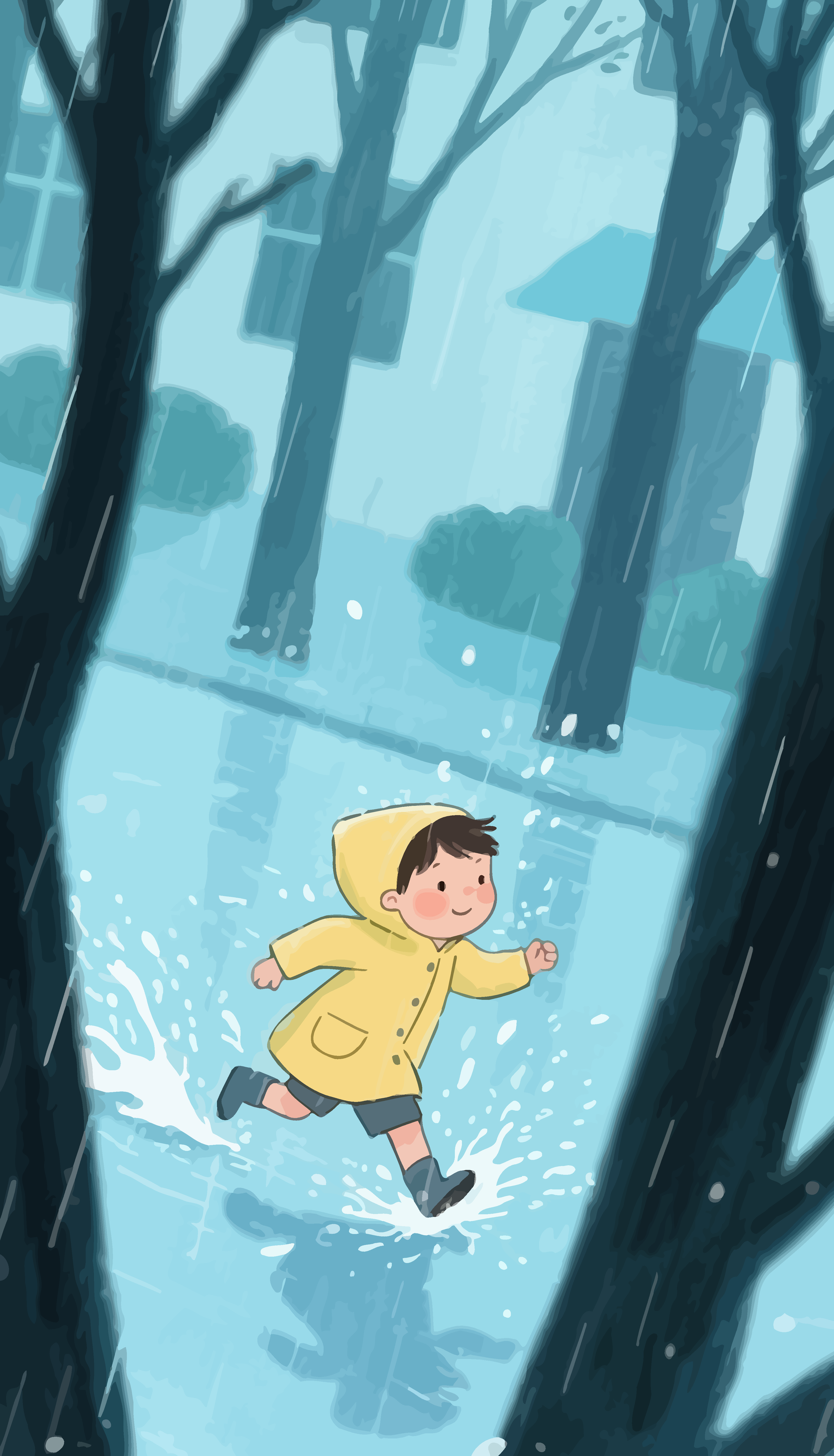 矢量在雨中奔跑的小孩元素素材
