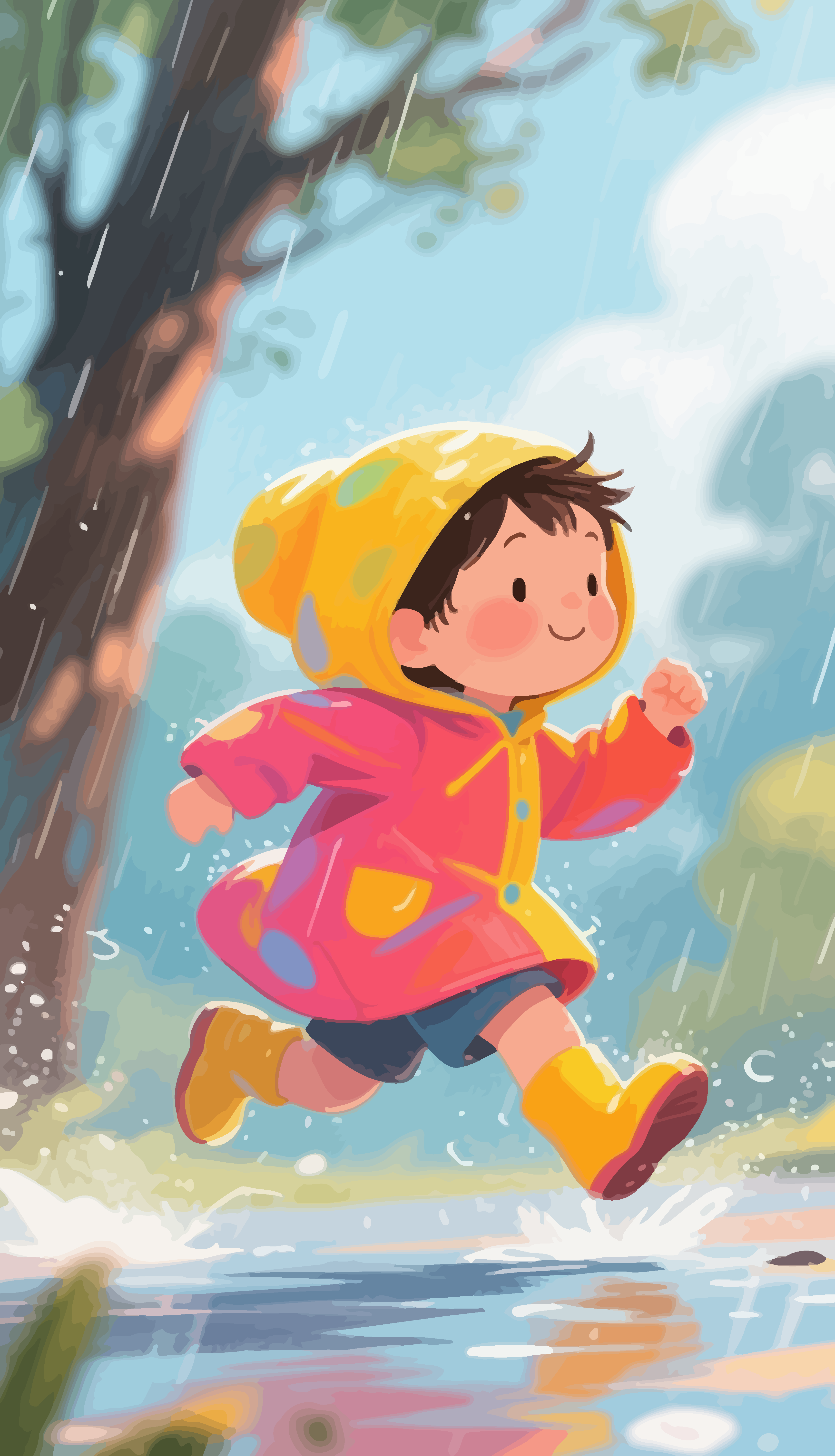 矢量在雨中奔跑的小孩元素素材