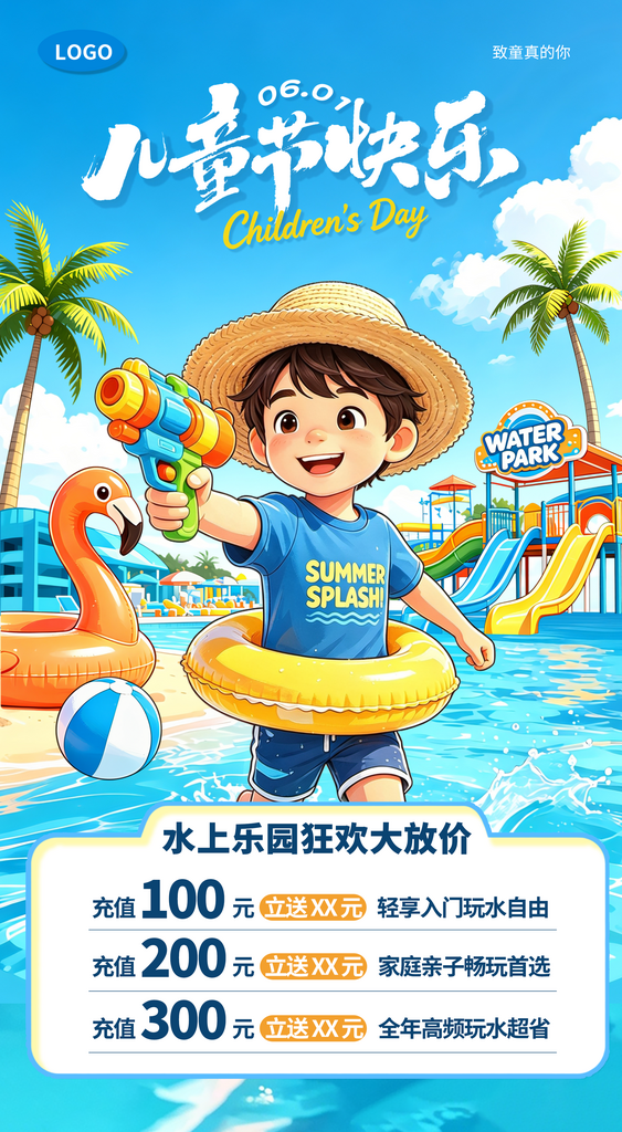 六一儿童节水上乐园促销活动海报插画卡通素材
