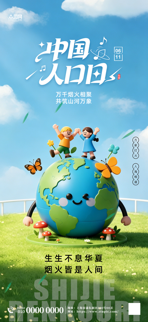 简约6月11日中国人口日世界人口日海报素材