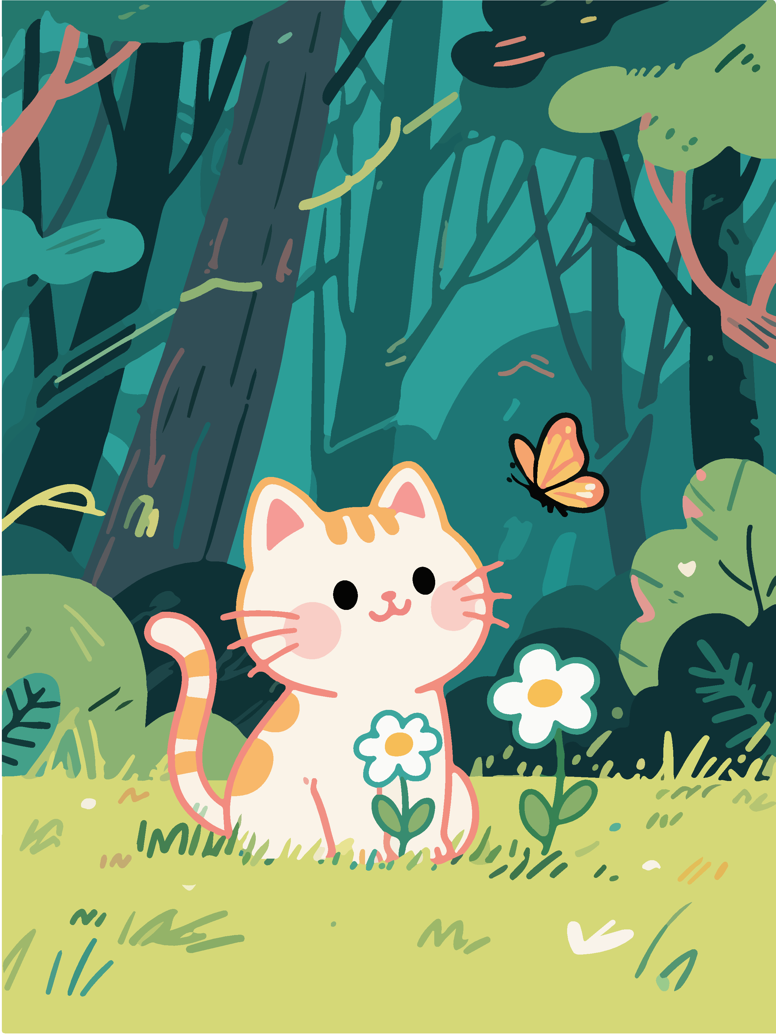 森林中的小猫涂鸦插画素材