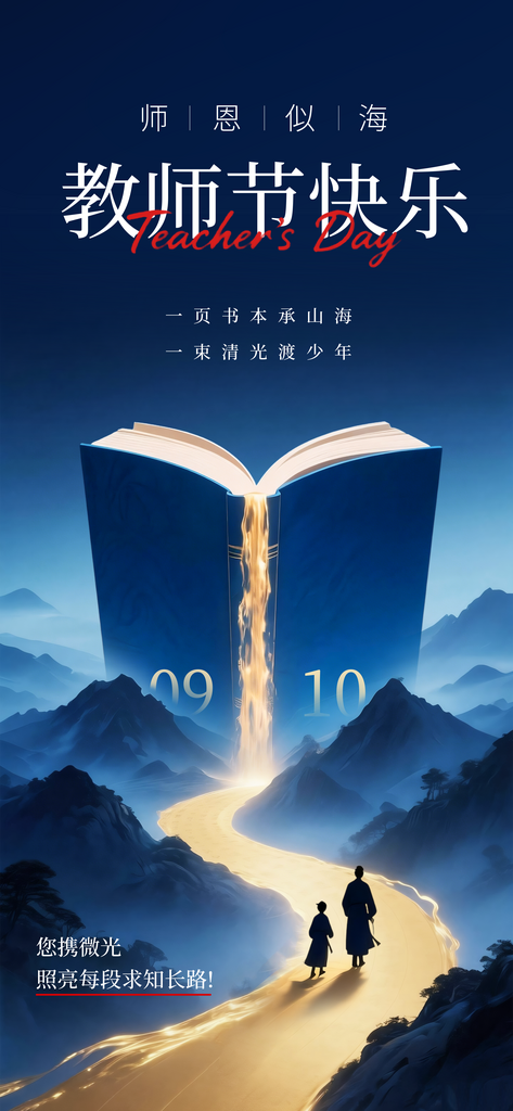 蓝金简约师恩似海教师节快乐节日海报素材