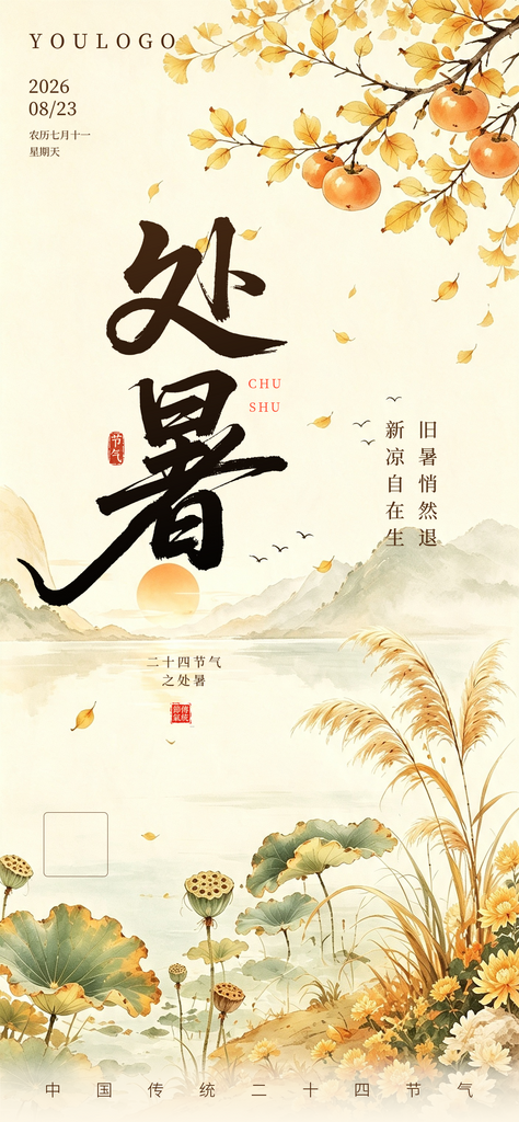 新中式水墨处暑竖版H5海报节气素材