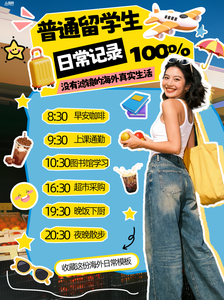 时尚留学生国外生活记录攻略小红书海报素材