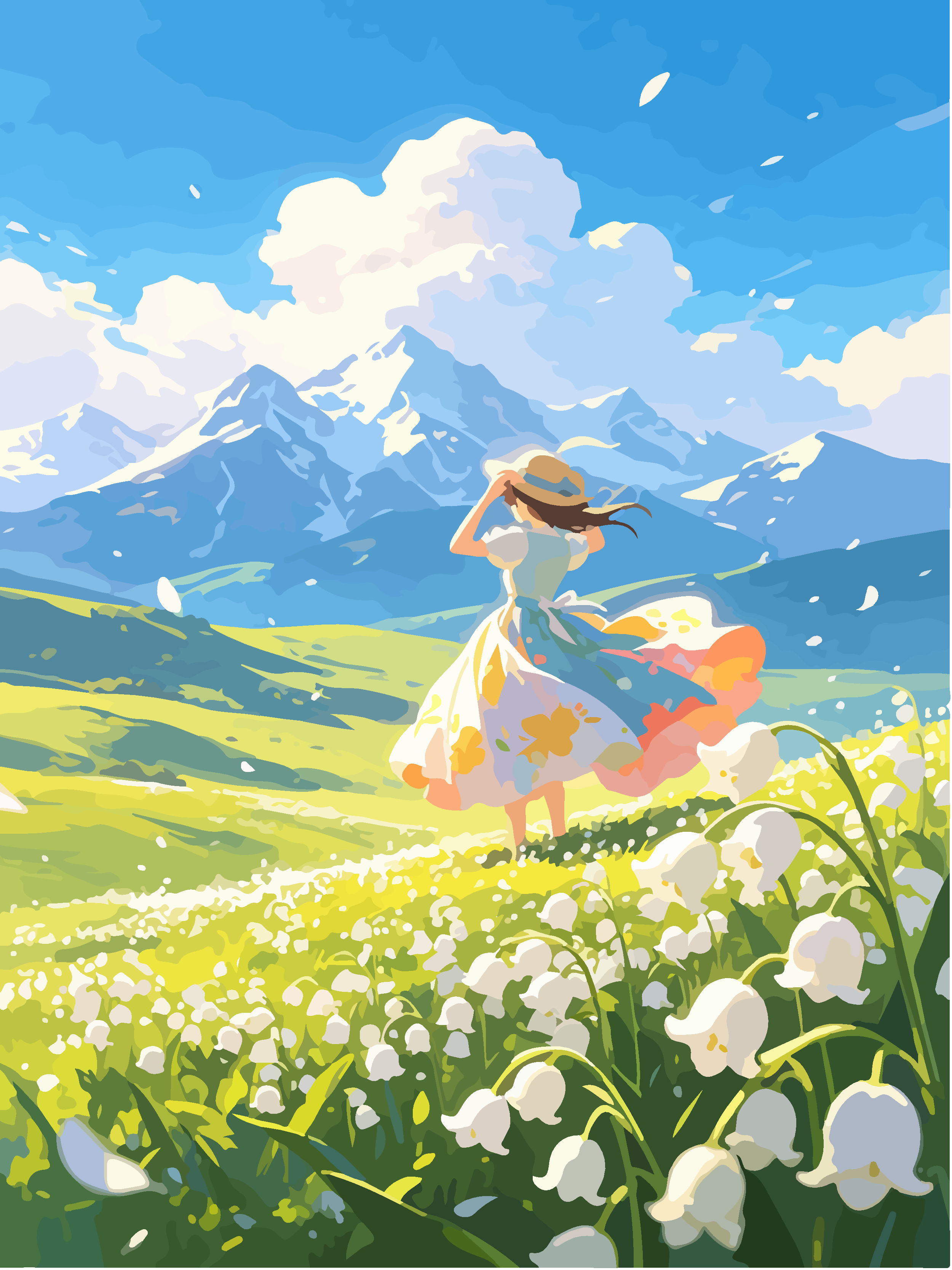 雪山草甸少女唯美插画素材