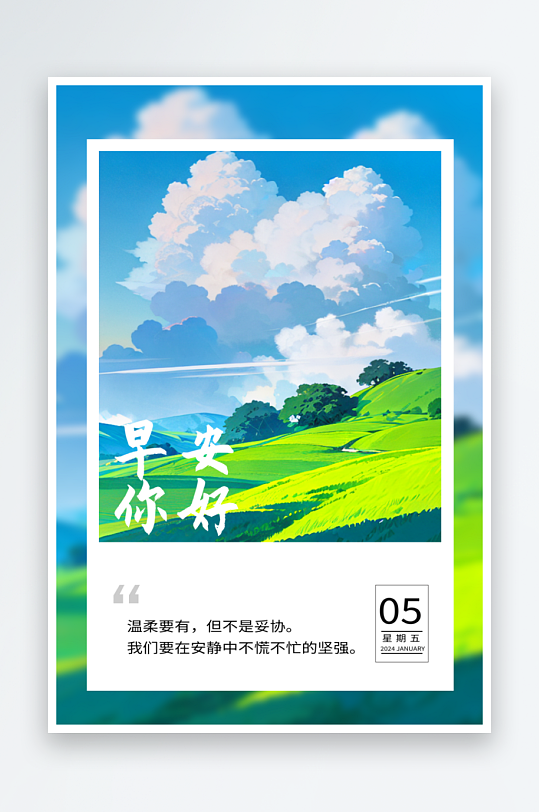 唯美树木天空早安你好插画海报