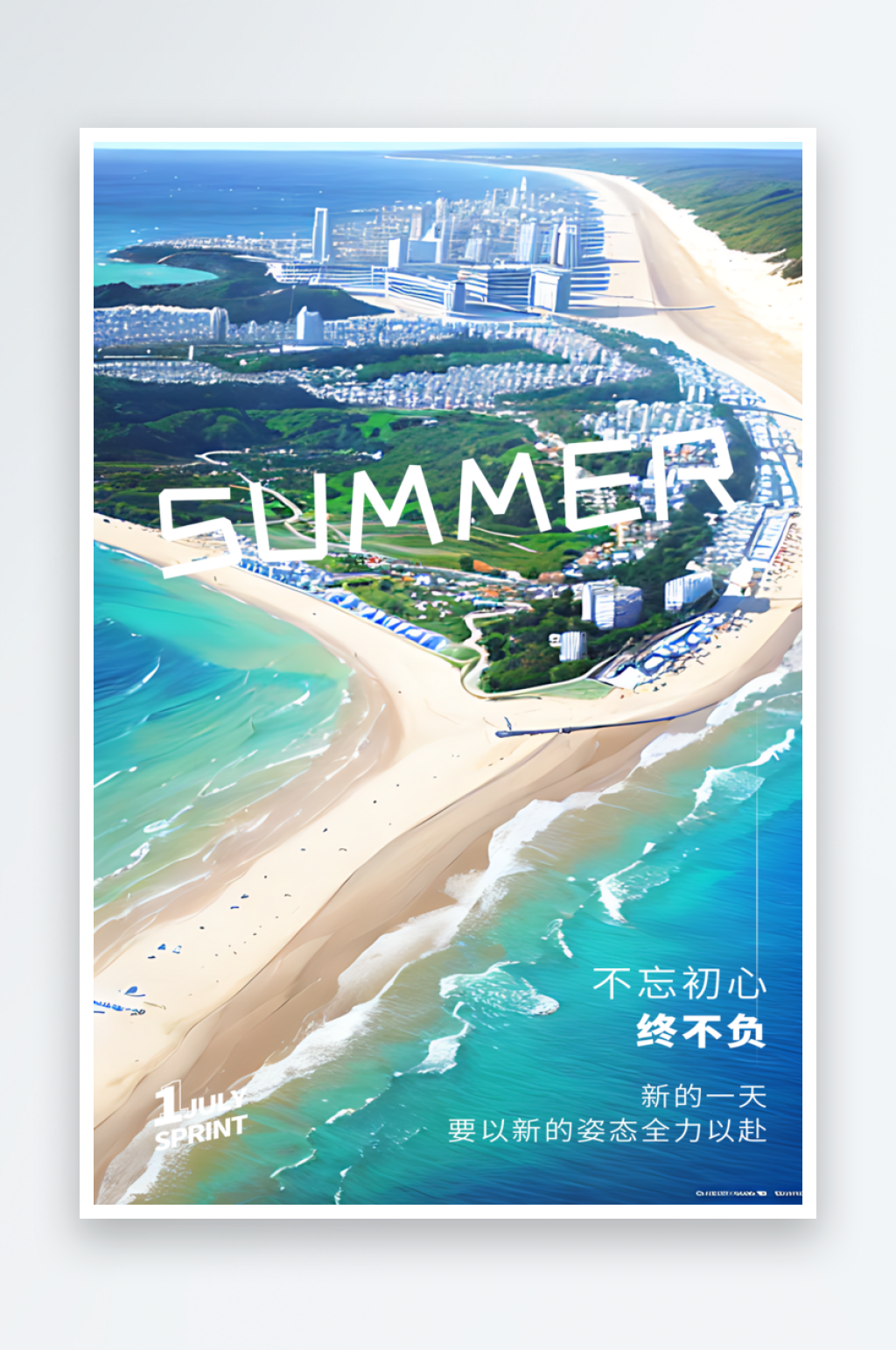 唯美海滩励志插画海报素材