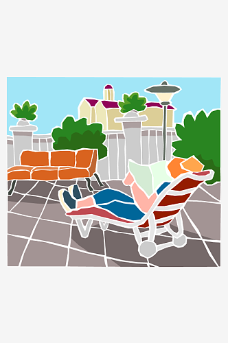 美式复古庭院泳池插画