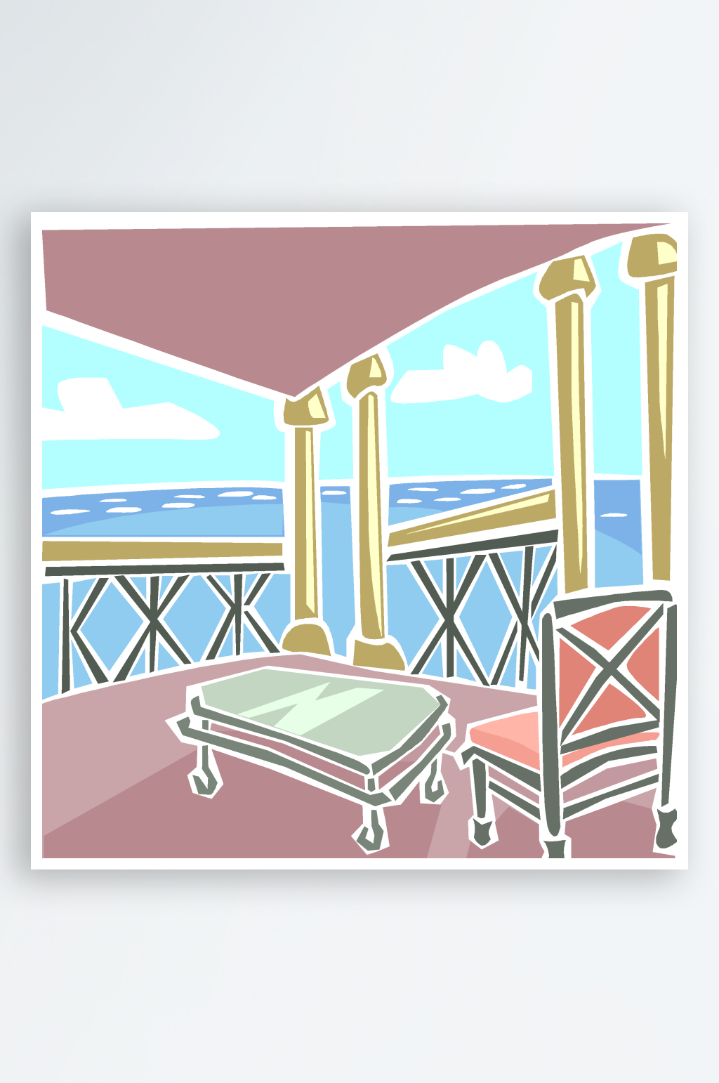 美式复古庭院泳池插画素材