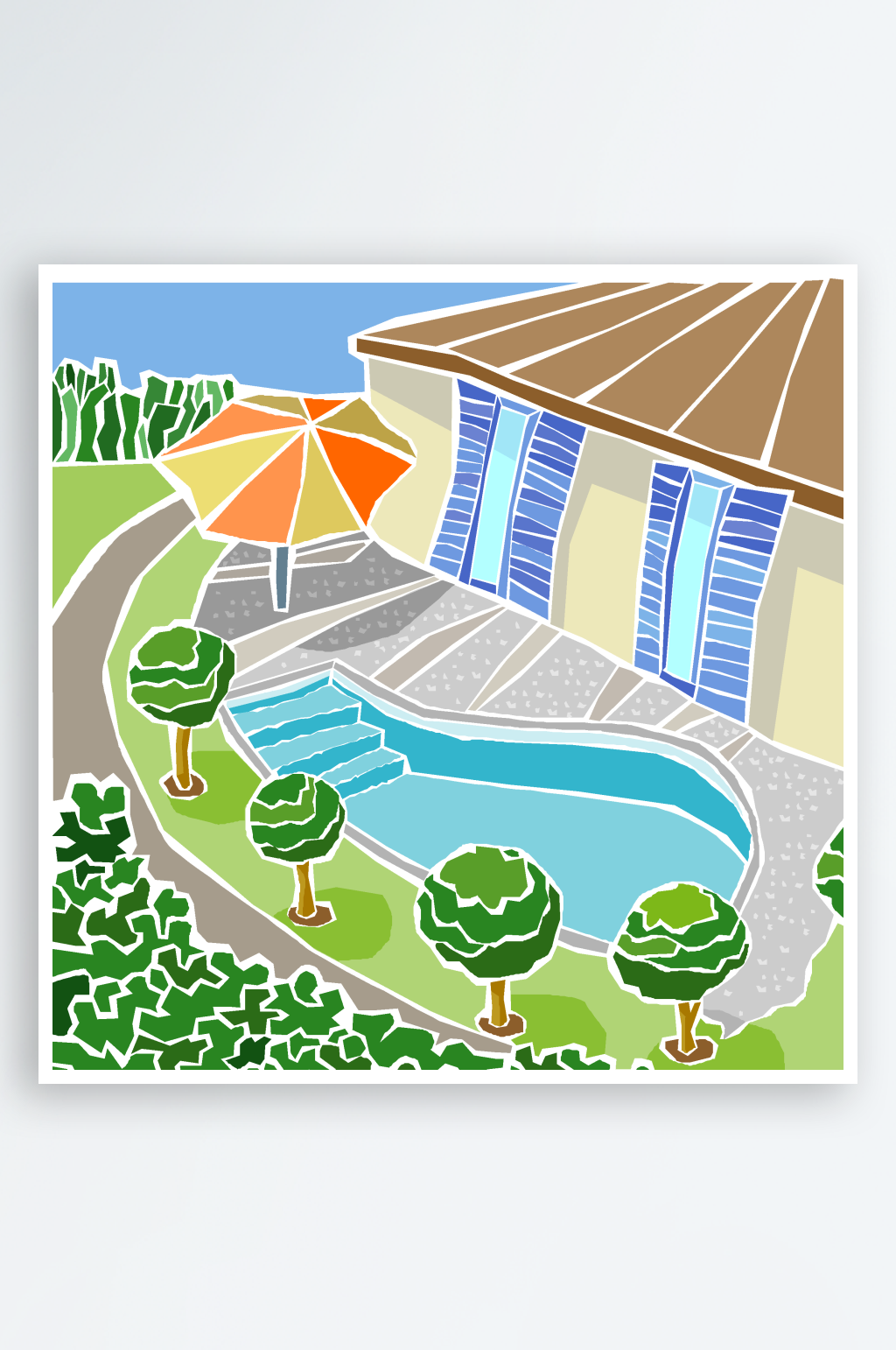 美式复古庭院泳池插画素材