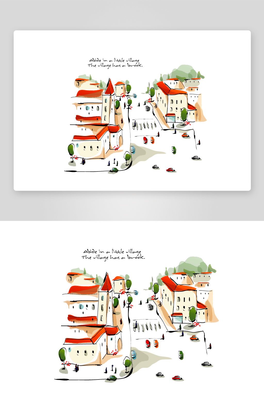 水彩建筑唯美风景画插画素材