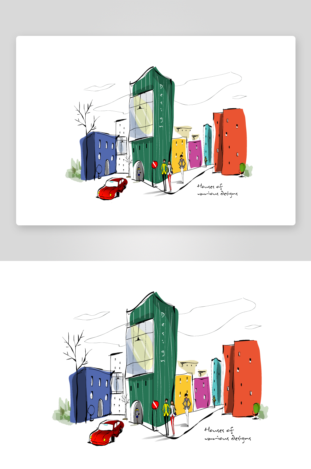 水彩建筑唯美风景画插画素材