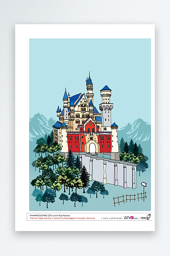 欧洲建筑风景画插画明信片