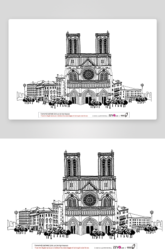 黑白矢量线描欧洲建筑