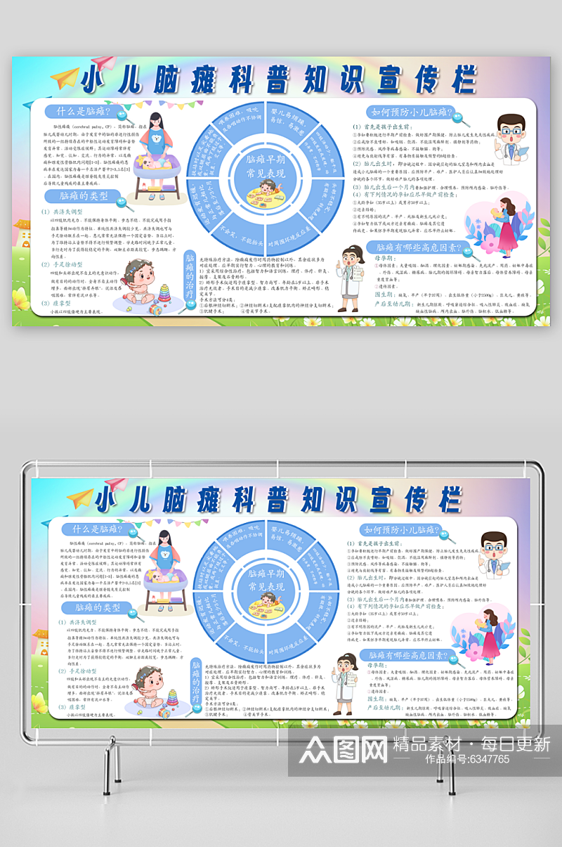 可爱卡通儿童医院小儿脑瘫科普知识单面板素材