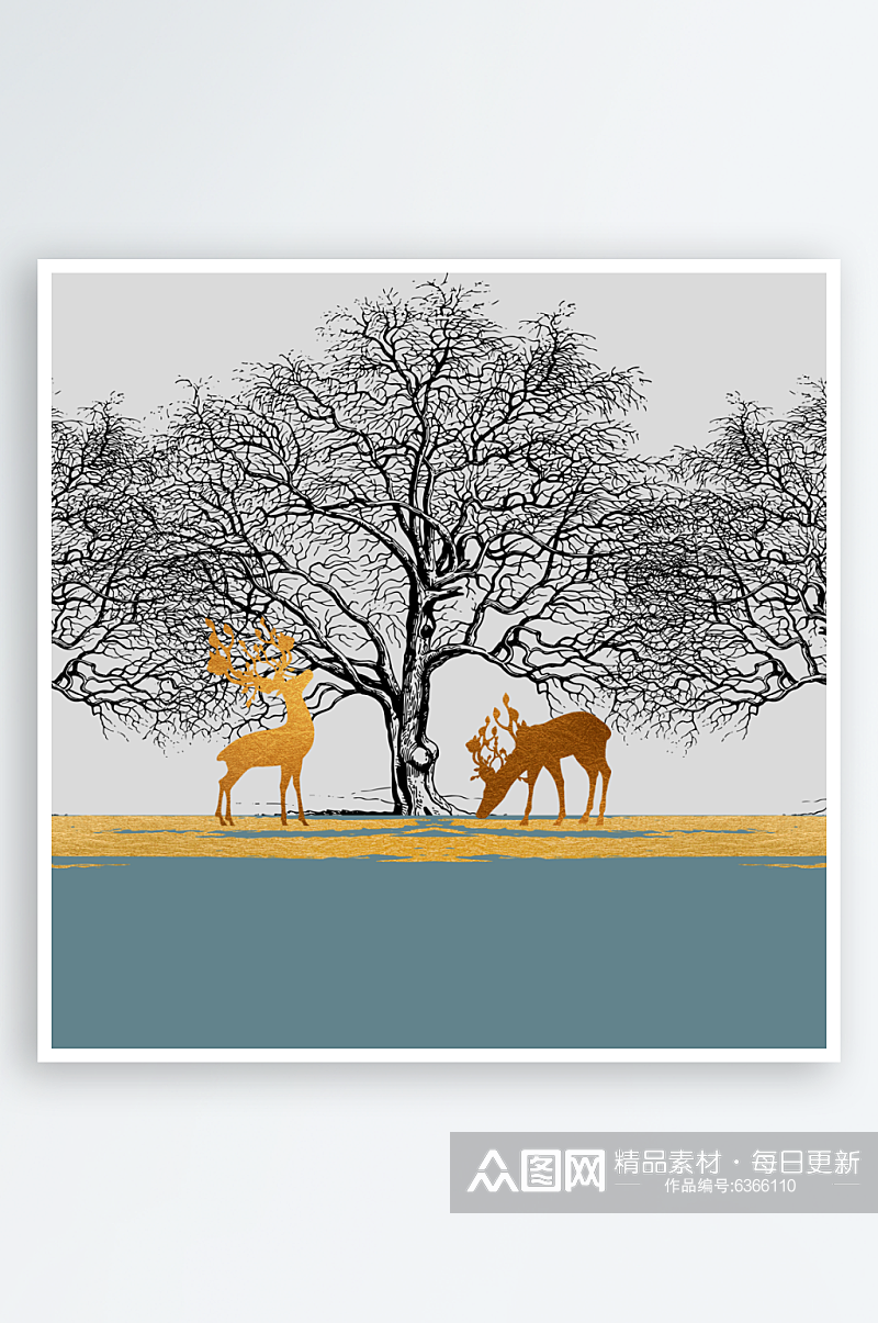 大树飞鸟麋鹿艺术挂画装饰画素材