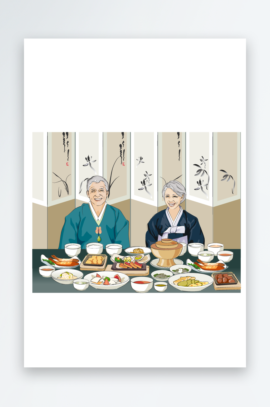 韩国老年夫妻恩爱日常插画素材