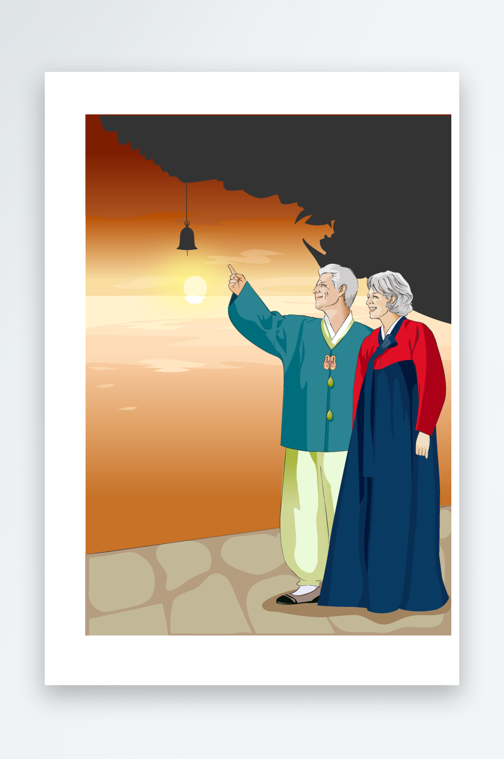 韩国老年夫妻恩爱日常插画素材