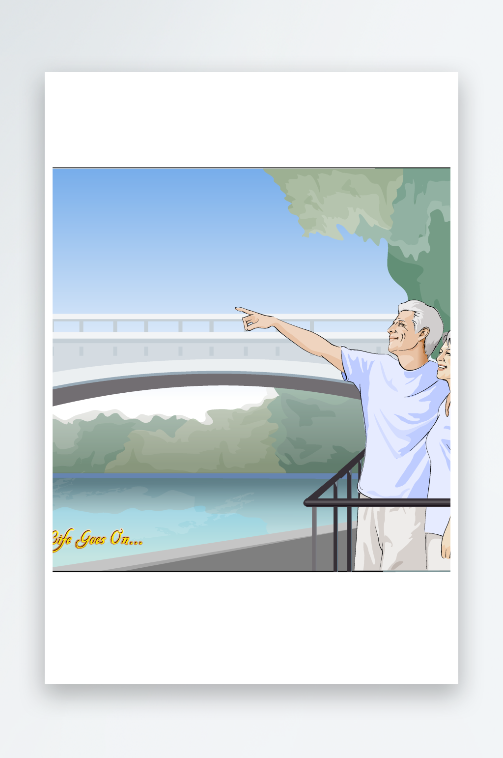 老年夫妻恩爱日常插画风景画素材