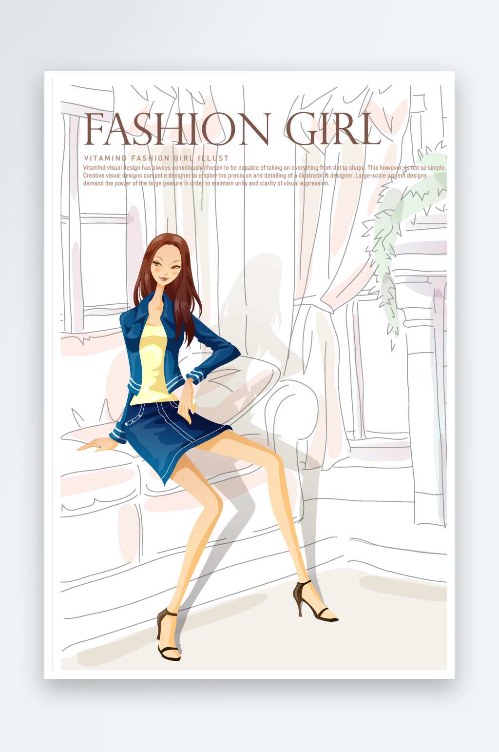 手绘街道建筑女性插画素材