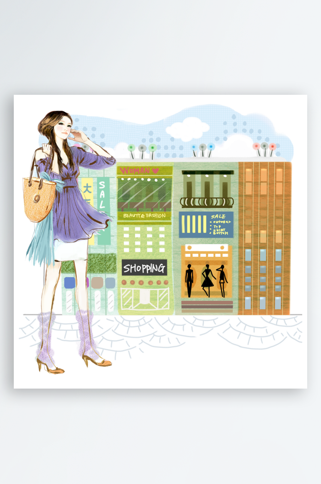 女性艺术插画风景画装饰画素材