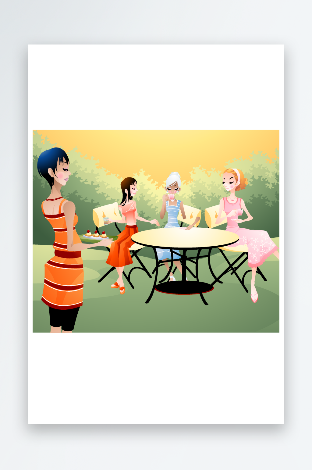 聚会男女插画风景画素材