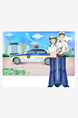 矢量手绘警察交警插画风景画