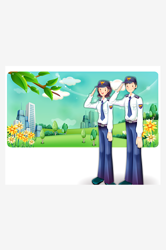 矢量手绘警察交警插画风景画