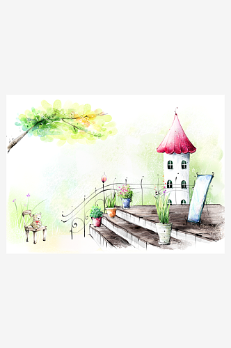 儿童画手绘房子建筑水彩风景画