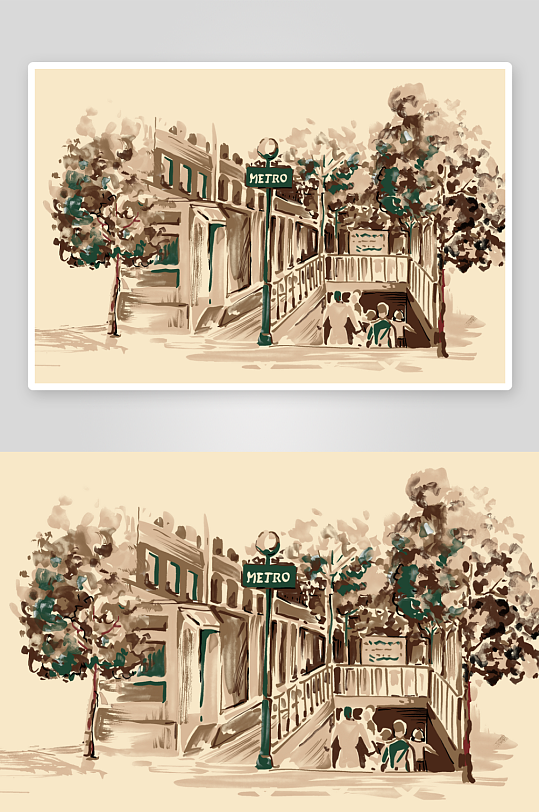 手绘复古建筑街景插画图片