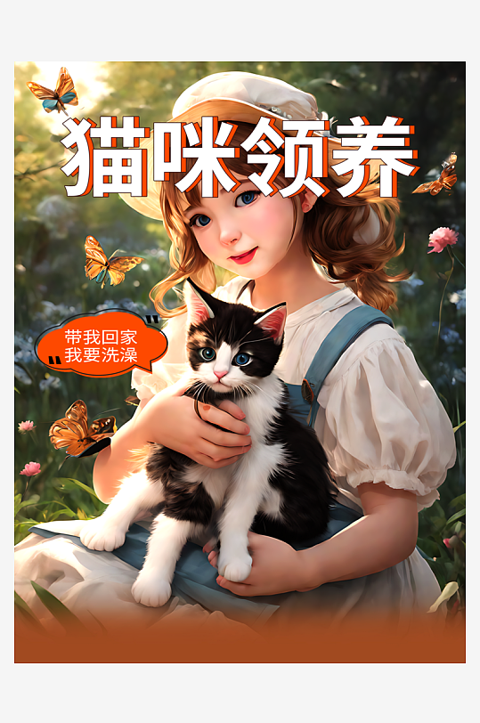猫咪领养宣传插画海报