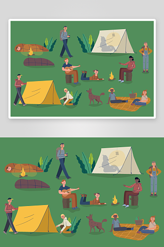 矢量卡通手绘野外露营插画