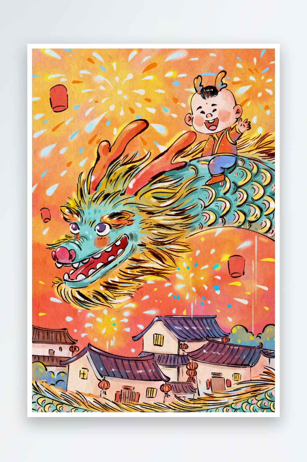 手绘水墨之骑龙的少年新年春节元旦插画素材