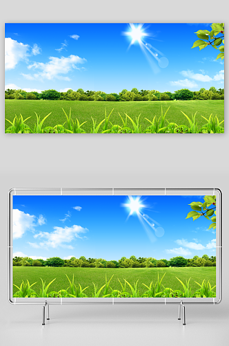 蓝天白云绿草地背景设计素材