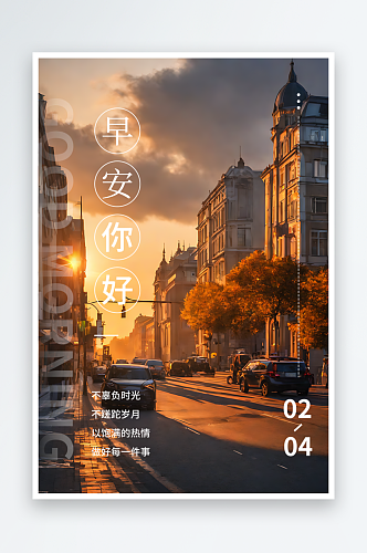 早安你好城市日出问候海报