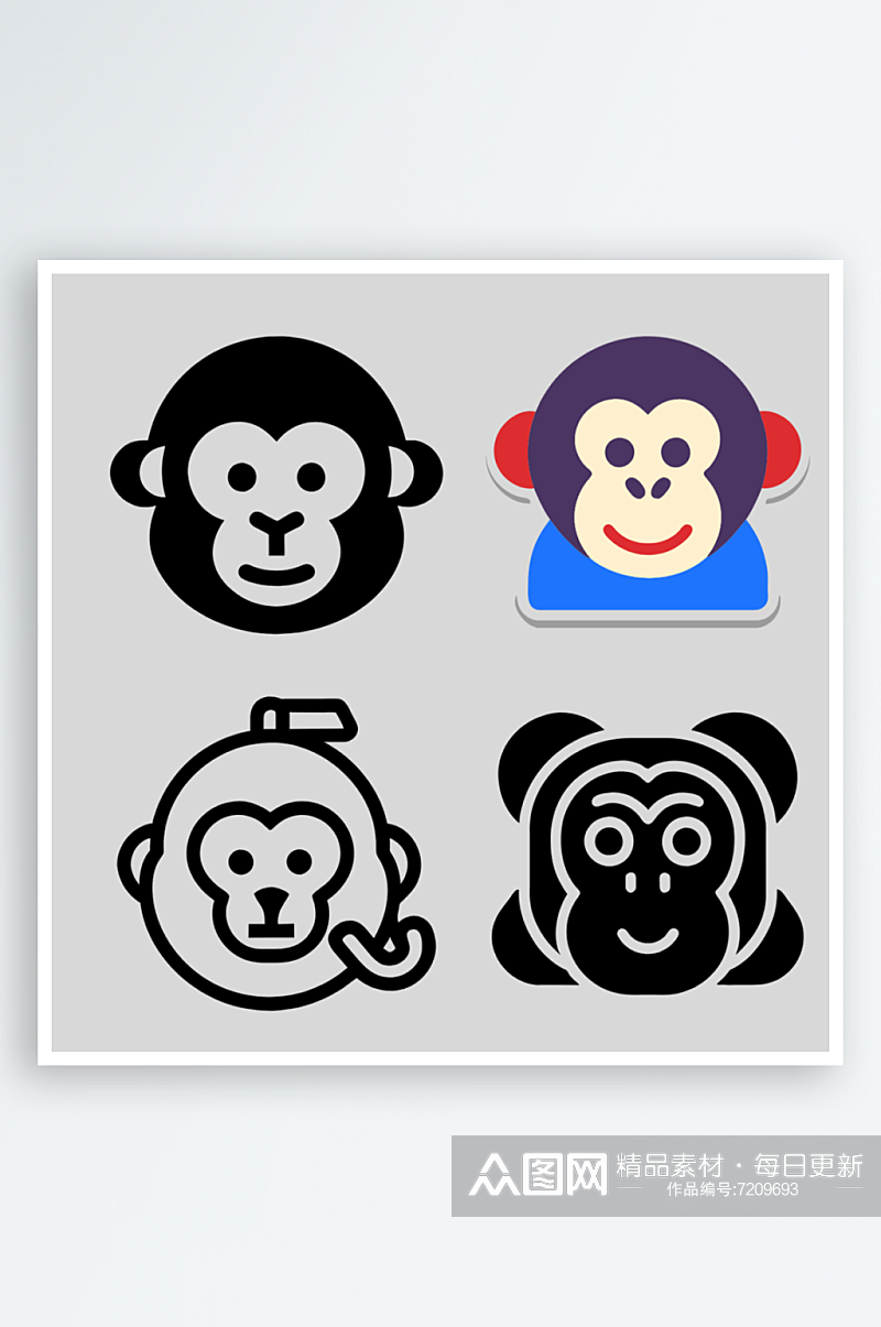 猴子简笔画风格免抠图小图标素材