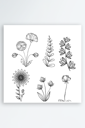 卡通黑白线描花卉盆栽矢量元素