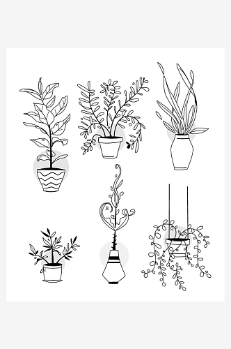 卡通黑白线描花卉盆栽矢量元素