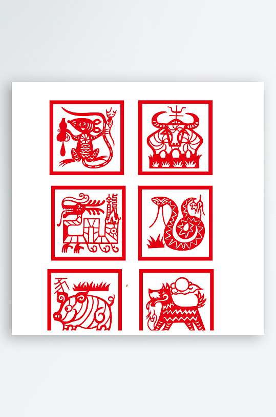 中式红色十二生肖剪纸元素
