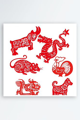中式红色十二生肖剪纸元素