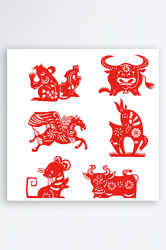 中式红色十二生肖剪纸矢量元素