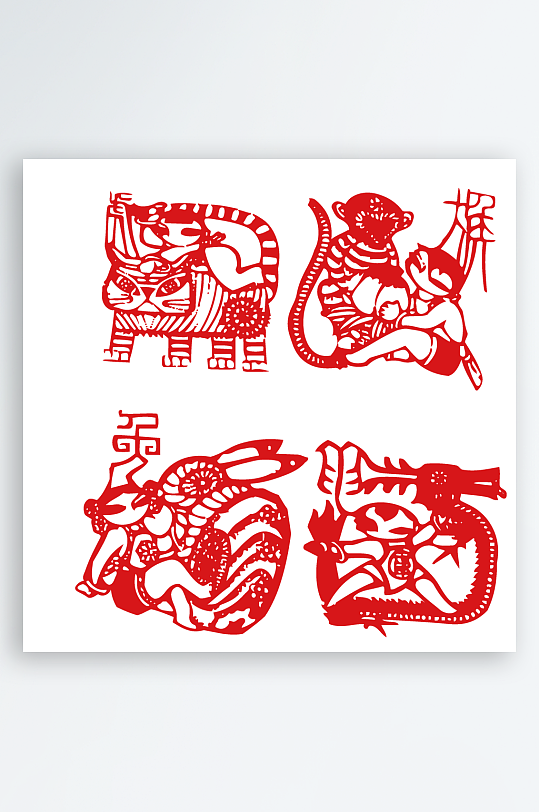 中式红色十二生肖剪纸矢量元素