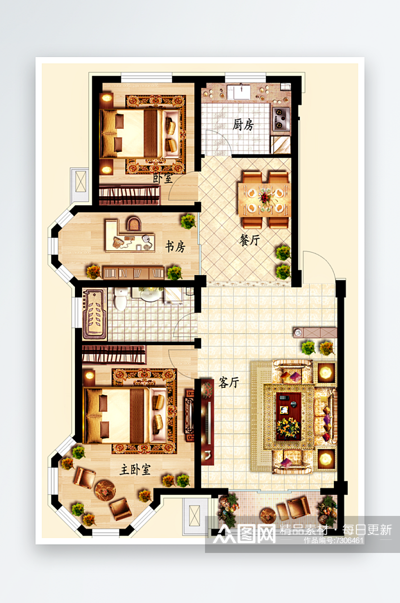 中式别墅户型图三室两厅一卫户型图素材