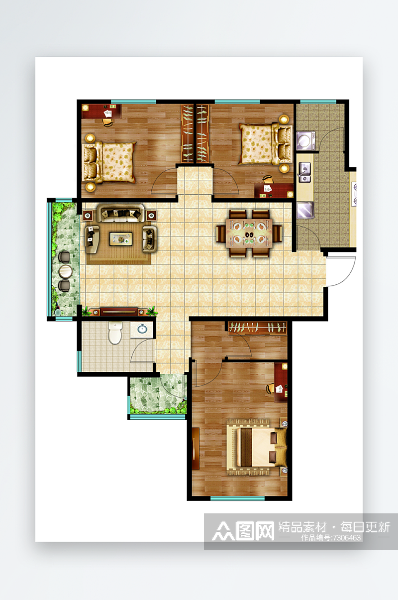 新中式三室两厅一卫户型图房地产户型单页素材