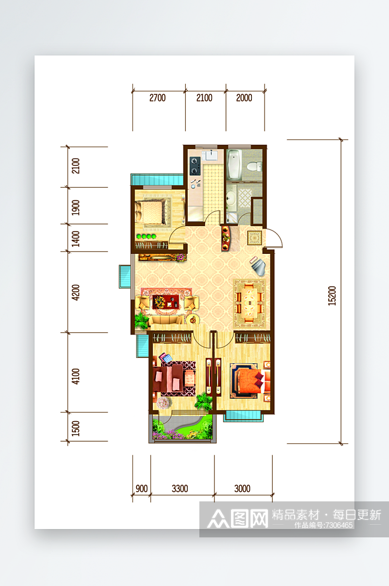 新中式三室两厅一卫户型图房地产户型单页素材
