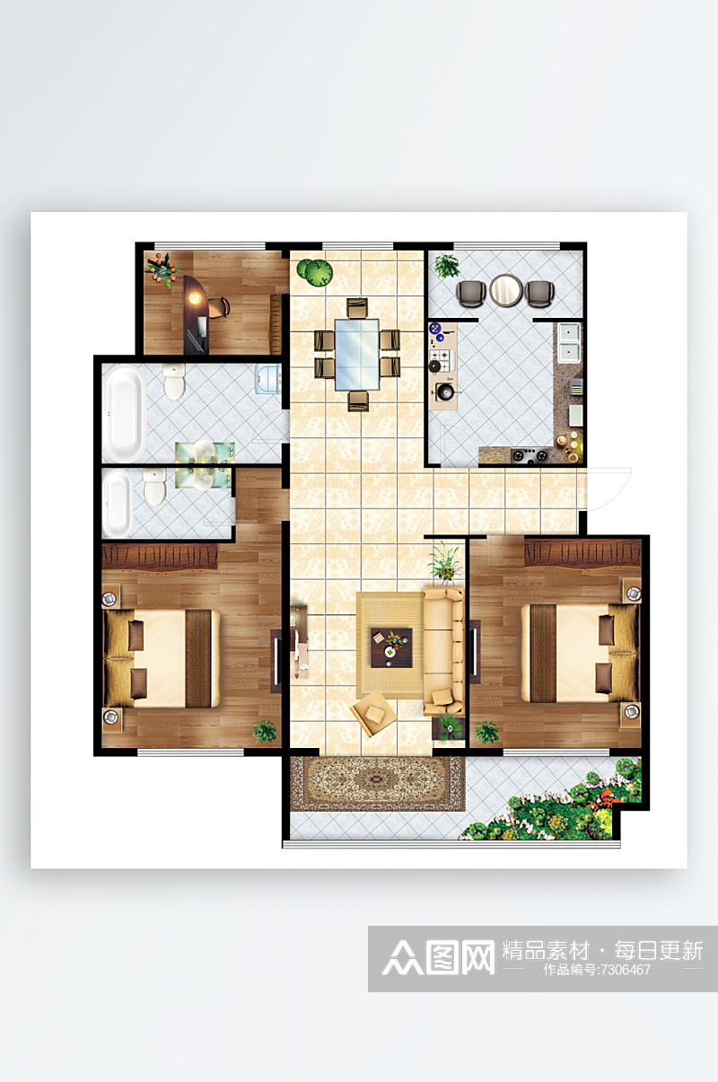 三室两厅两卫创意户型图设计房地产户型素材