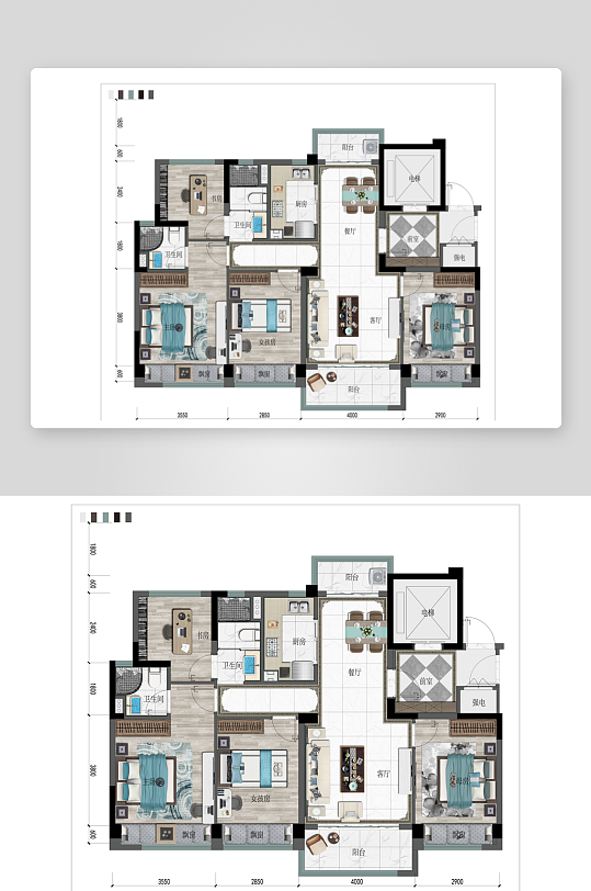 蓝色新中式创意四室两厅两卫户型图