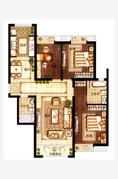 创意户型图三室两厅两卫房地产户型