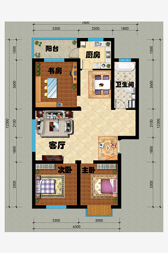中式三室两厅一卫户型图