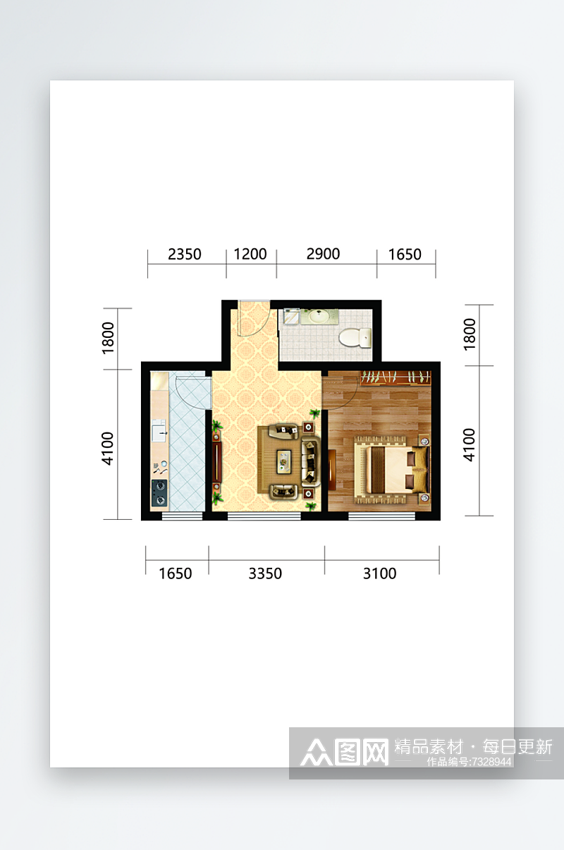 房地产中间户型图一室一厅一卫素材